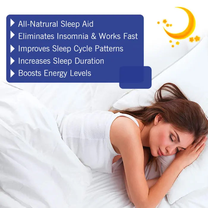 Woman sleeping comfortably with sleep patch benefits listed including insomnia relief and energy boost.