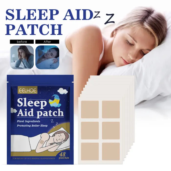 Sleep patch packaging with before and after images showing improved rest and relaxation.