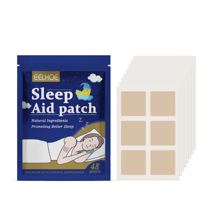 Sleep patch pack with 48 pieces shown beside beige adhesive patches for better rest.
