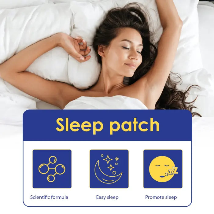 Woman resting peacefully in bed with sleep patch benefits icons for formula, easy sleep, and relaxation.