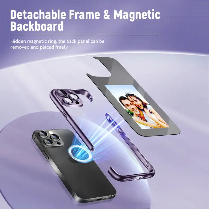Smart display case for iPhone with magnetic detachable back and frame for photo customization.