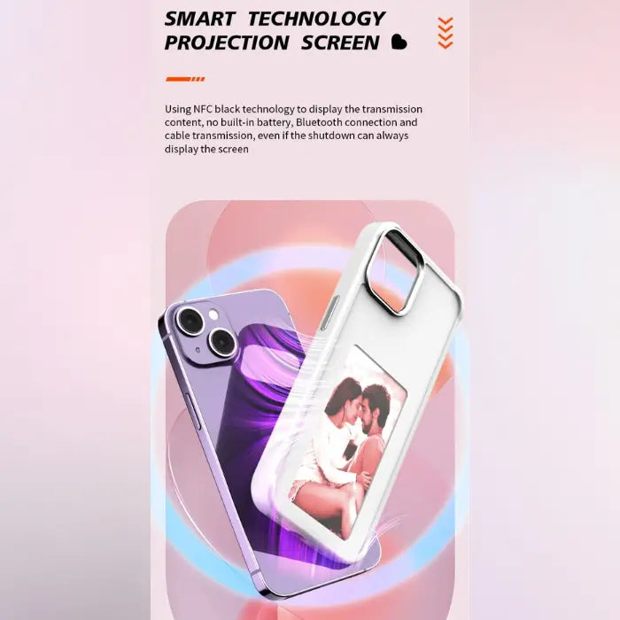 Smart phone case showcasing customizable images on internal and external dual displays for personal style.
