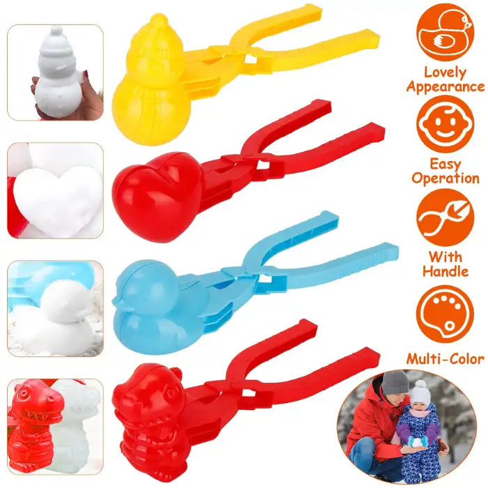 Snowball makers with duck, heart, snowman, and dinosaur molds in colorful plastic for winter play