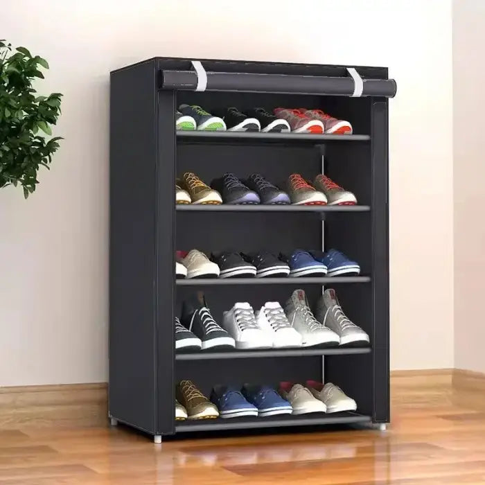Space-saving shoe storage solution featuring 7 tiers, black fabric construction, and protective cover for multiple pairs of shoes