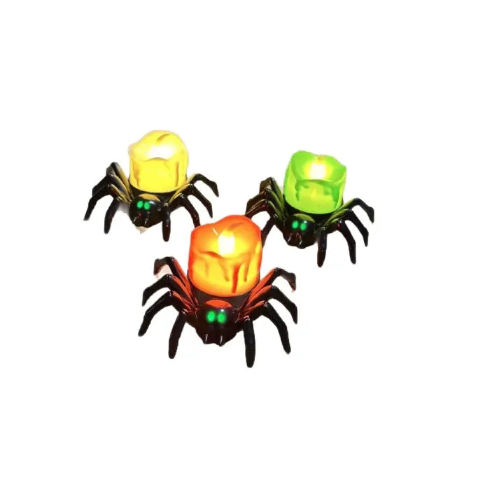 Spider candle set with yellow, green, and red LED lights for Halloween table decorations.