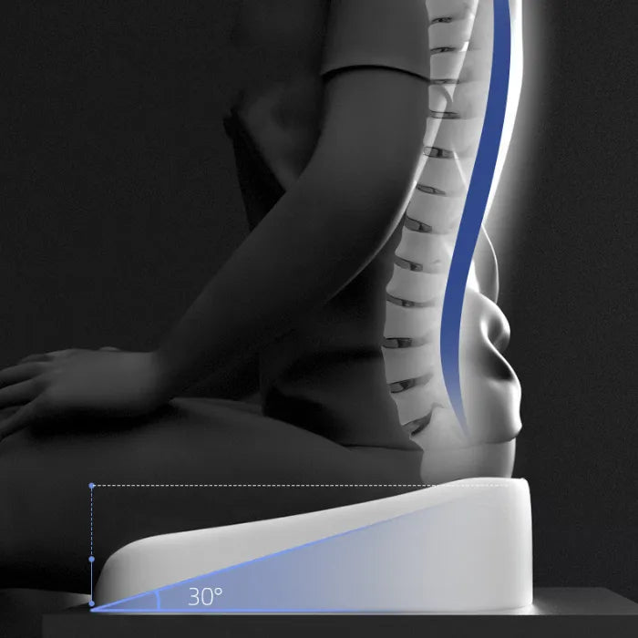 Medical diagram showing 30-degree ergonomic angle of seat cushion for proper spine alignment and support