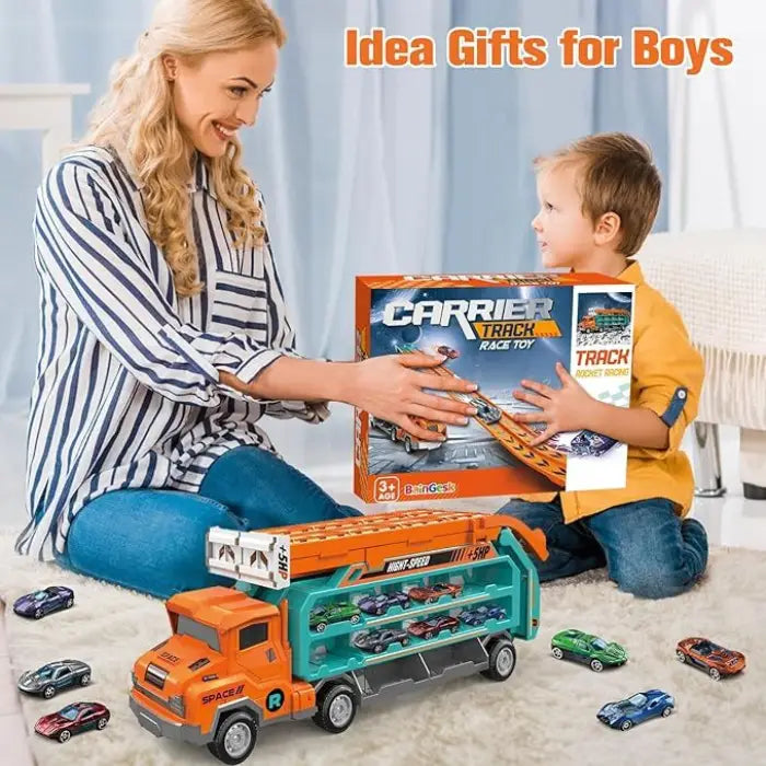 Toy car carrier gift set for boys shown with box, cars, and smiling mother and child