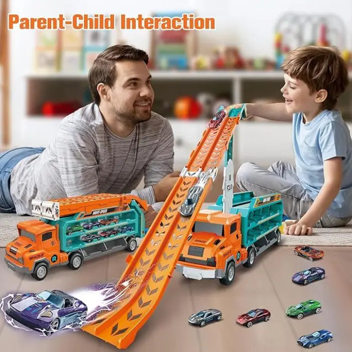 Toy car carrier track playset with child and parent racing cars down orange launch ramp