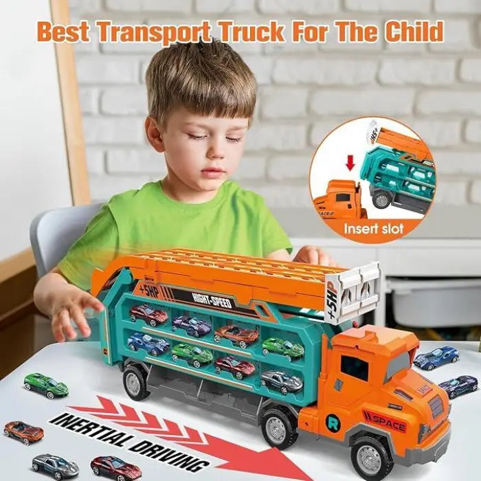 Toy car carrier storage truck with cars and child playing at table during interactive setup