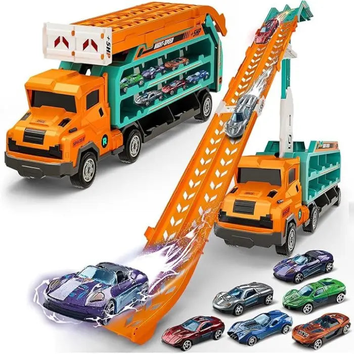 Toy car carrier set with launch ramp, orange trucks, and colorful racing cars on display and in action
