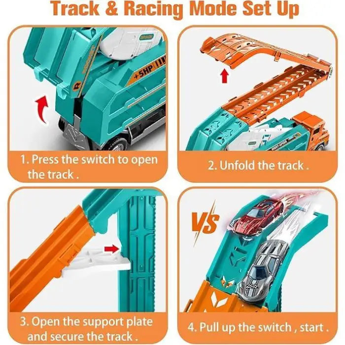 Toy car carrier setup showing step-by-step instructions to open and unfold race track