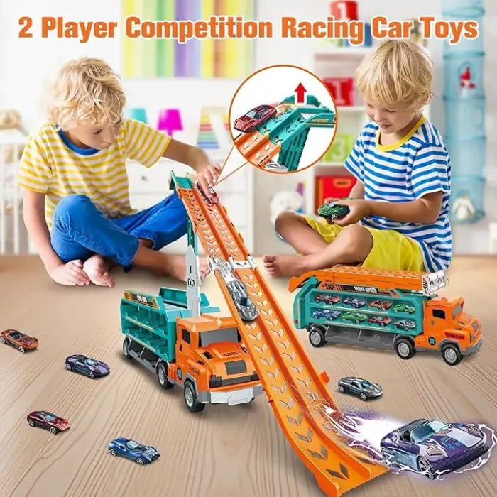 Toy car carrier race game with two boys competing on dual track and colorful mini cars