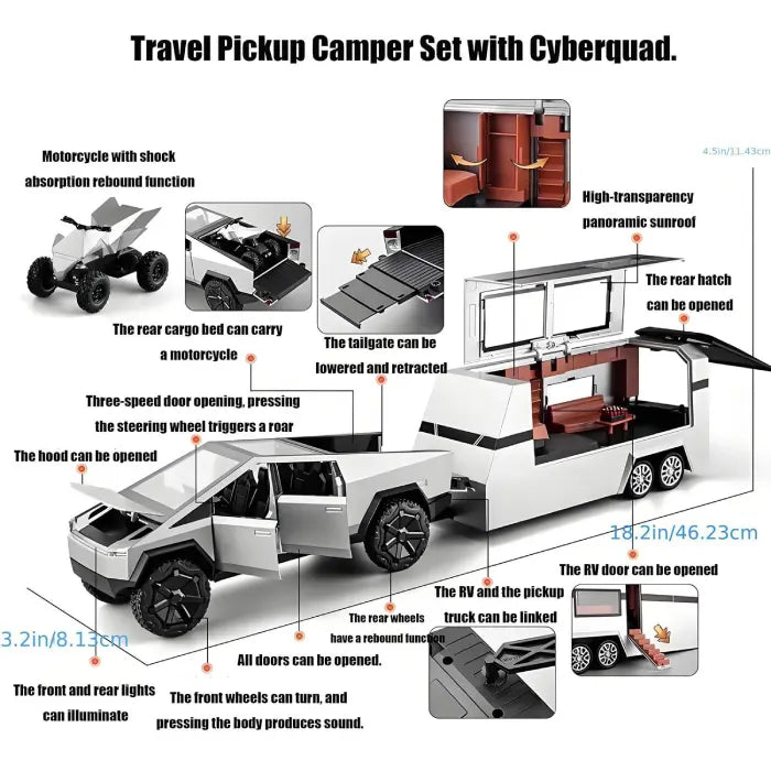Toy vehicle set with camper and cyberquad featuring panoramic sunroof, opening doors, tailgate, and detailed functions.