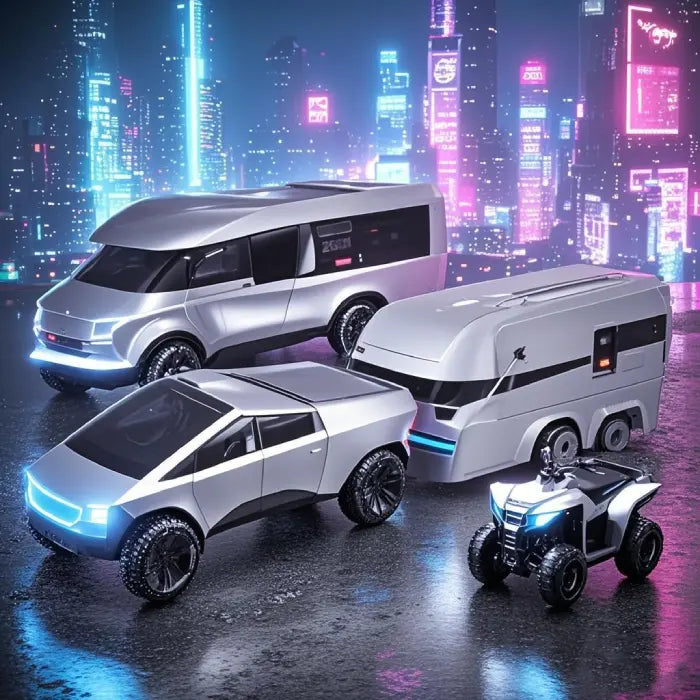 Toy vehicle set with truck, RV, van, and quad bike displayed in futuristic night city background.
