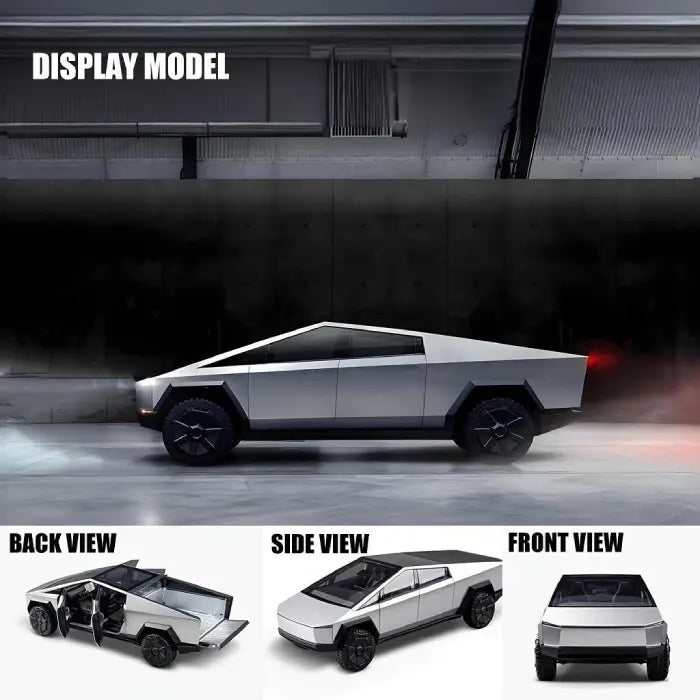 Toy vehicle set with pickup truck shown in display model with front, side, and back view angles.