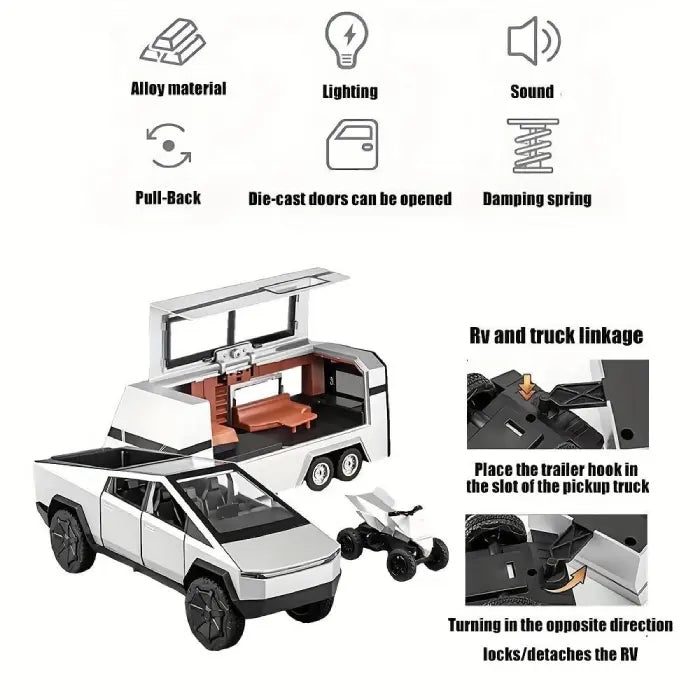 Toy vehicle set with alloy pickup truck, RV camper, and quad bike featuring lights, sound, and pull-back action.