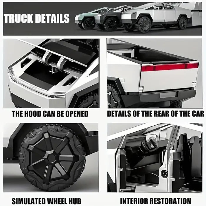 Toy vehicle set showing closeup truck details including hood, rear lights, interior, and simulated wheel hub.