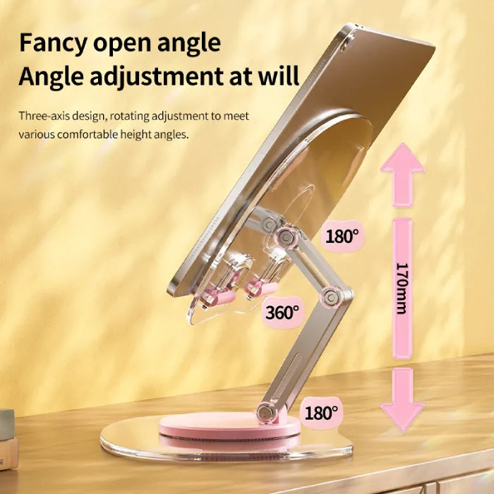Transparent tablet stand showing 170mm height adjustment and 360° rotation for ergonomic viewing.