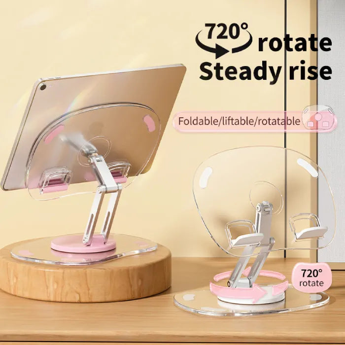Transparent tablet stand with foldable, liftable, and 720° rotatable design for optimal viewing setup.