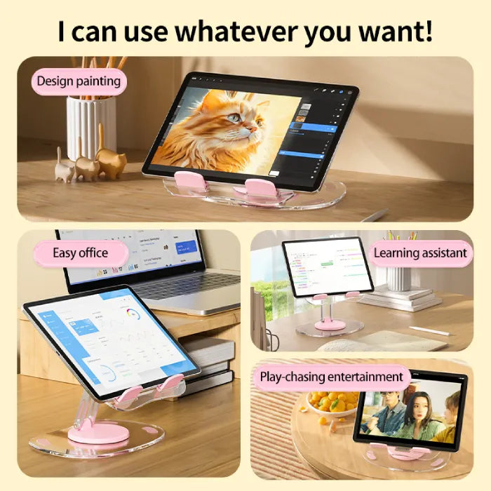 Transparent tablet stand used for drawing, office, learning, and video watching across different settings.