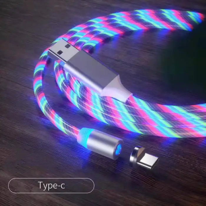 Magnetic multicolor LED USB charging cable with a Type-C connector for fast charging devices.