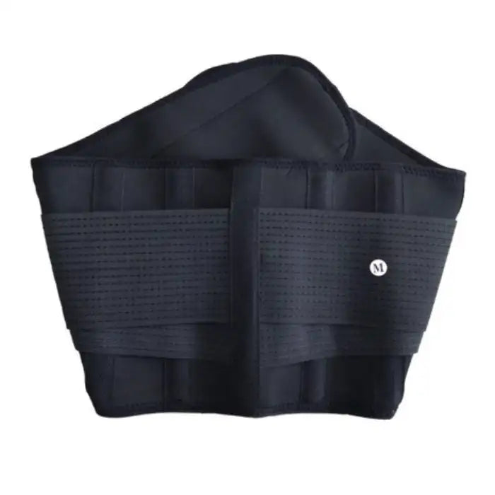 Waist trainer in all-black with double compression straps and breathable mesh fabric for strong waist support.