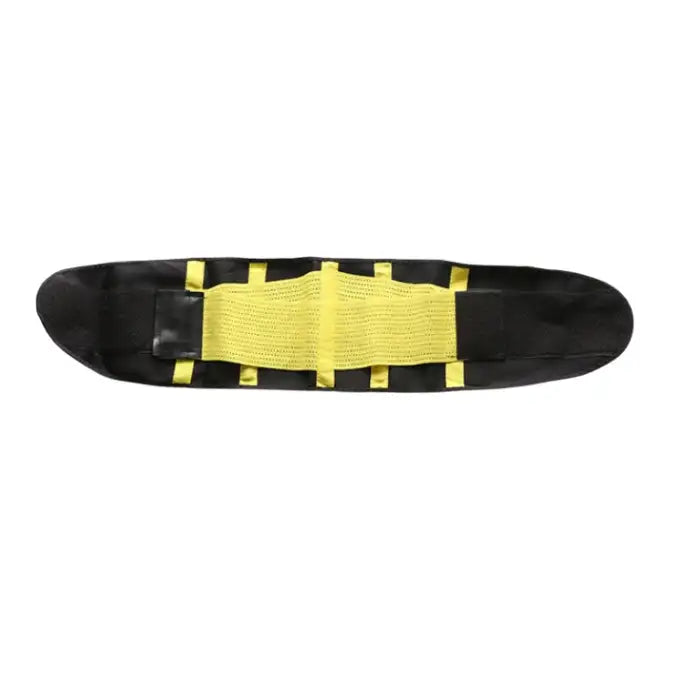 Waist trainer in yellow and black color designed for gym workouts with reinforced vertical support.