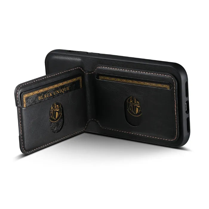 Black wallet phone case open to reveal dual card slots and detailed stitching on both panels.