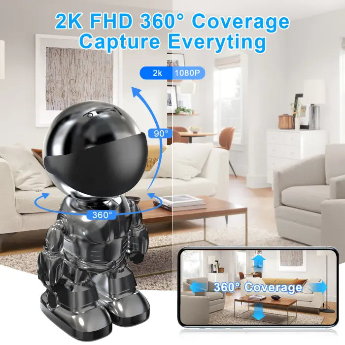 WiFi security camera robot offering 2K full HD with 360-degree horizontal and 90-degree vertical view.