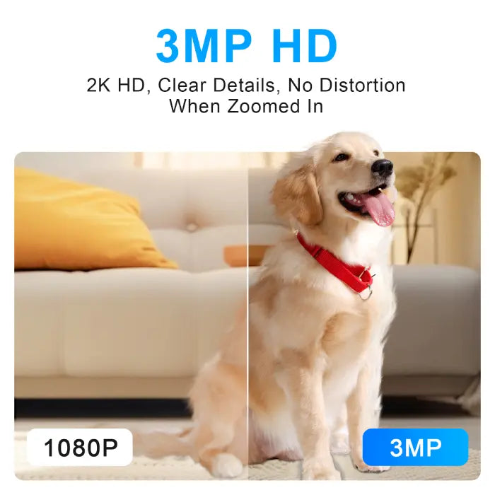 WiFi security camera 3MP HD video quality side-by-side with 1080P for clearer pet monitoring.