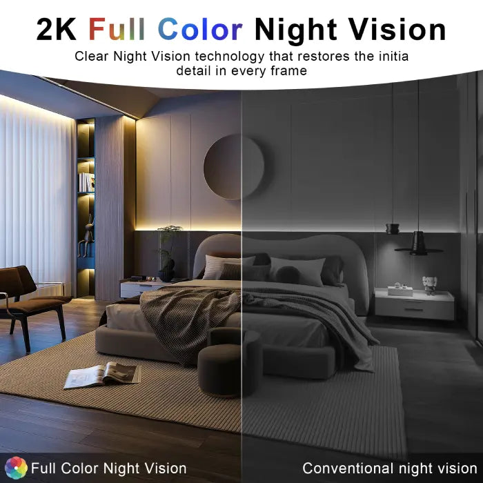 WiFi security camera with full-color night vision compared to conventional grayscale night mode.