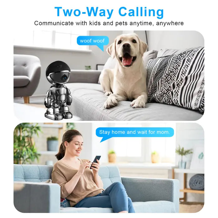 WiFi security camera showing two-way voice chat between dog on couch and woman using smartphone.
