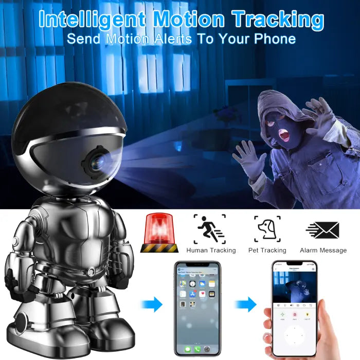 WiFi security camera robot detecting intruder with motion tracking and alert notification on phone.