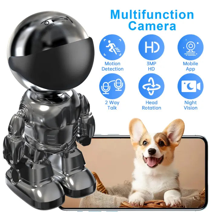 WiFi security camera robot with app support, motion detection, 2-way talk, and night vision.