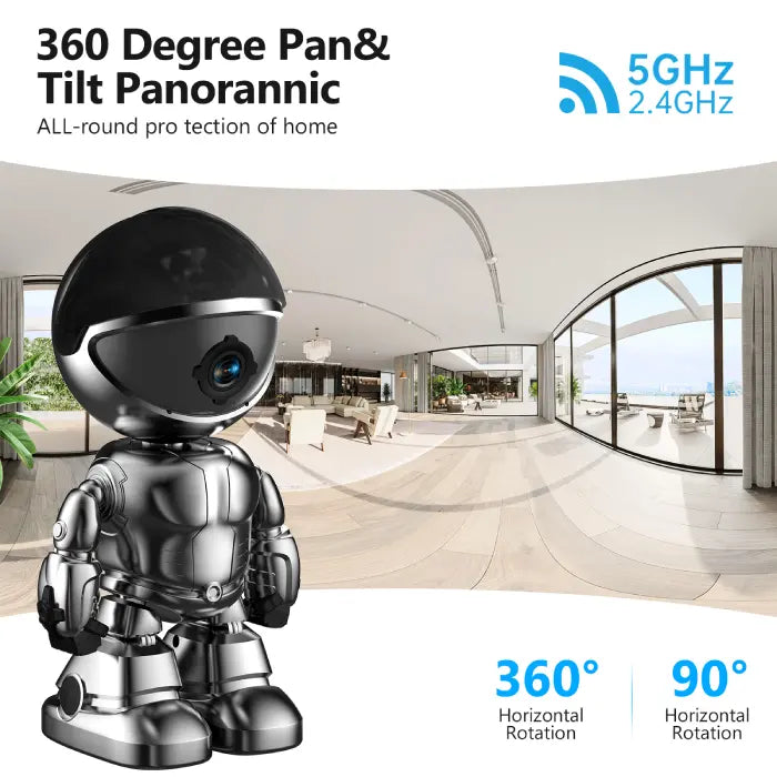 WiFi security camera robot with 360° panoramic coverage and dual-band 5GHz and 2.4GHz support.