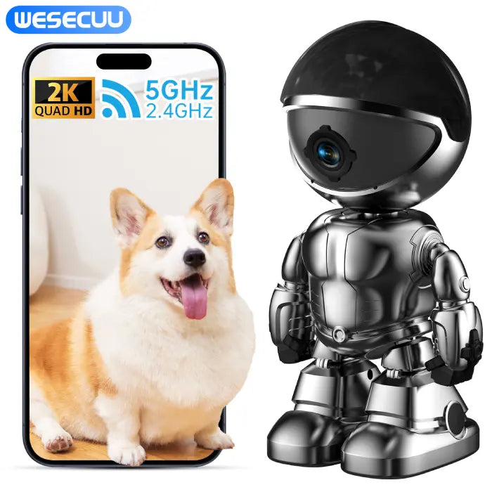 WiFi security camera showing pet on phone screen and robot with 5GHz and 2.4GHz connection support.