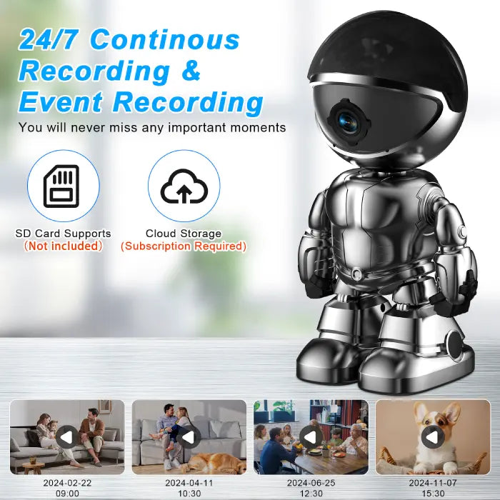 WiFi security camera robot with 24/7 recording and cloud storage support for home surveillance.
