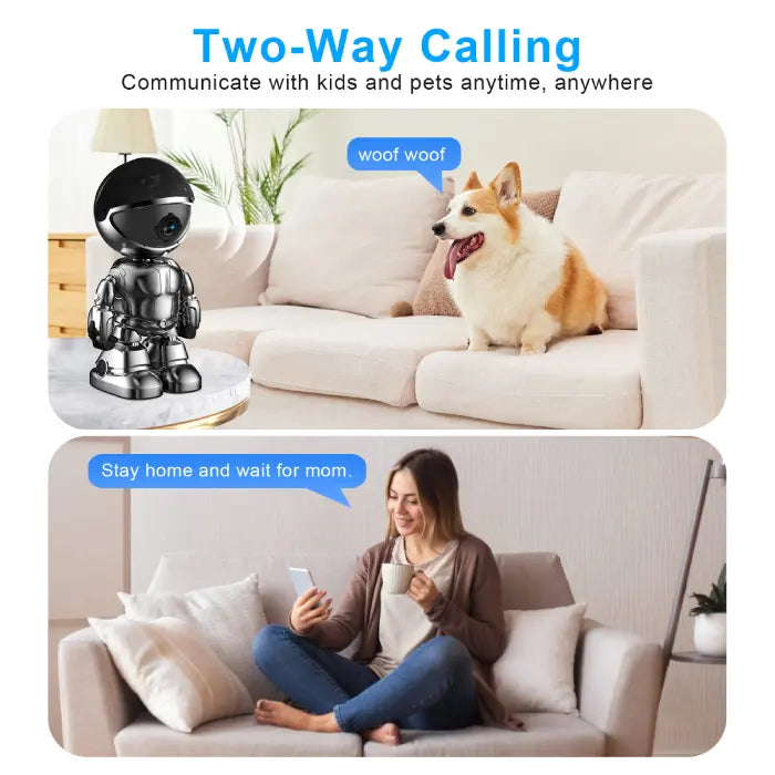 WiFi security camera robot enabling two-way calling between pet and woman via mobile phone.