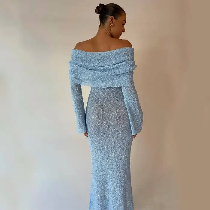 Women's one-shoulder long-sleeve knitted vacation dress in icy blue shown from the back.