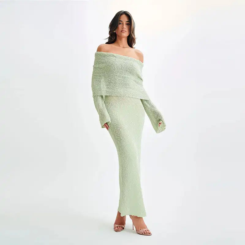 Women's one-shoulder long-sleeve knitted vacation dress in mint green shown full-length front view.