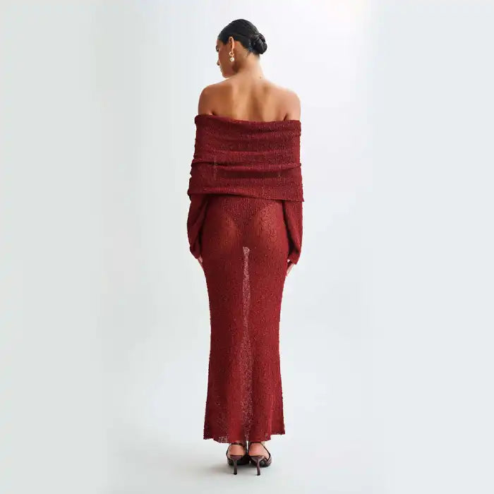 Women's one-shoulder long-sleeve knitted vacation dress in red styled with open back view.