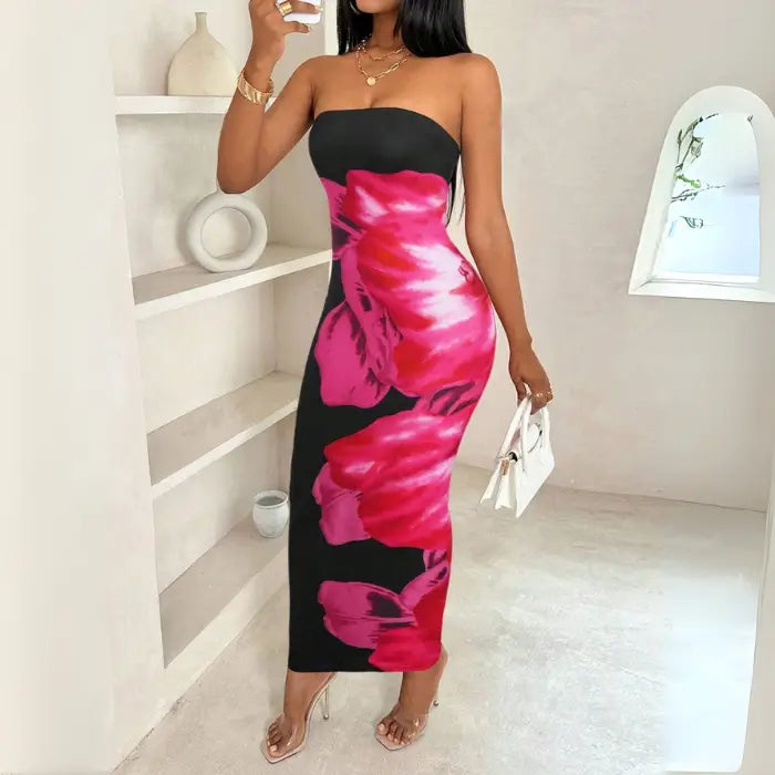 Black strapless summer slit dress with bold fuchsia floral print design