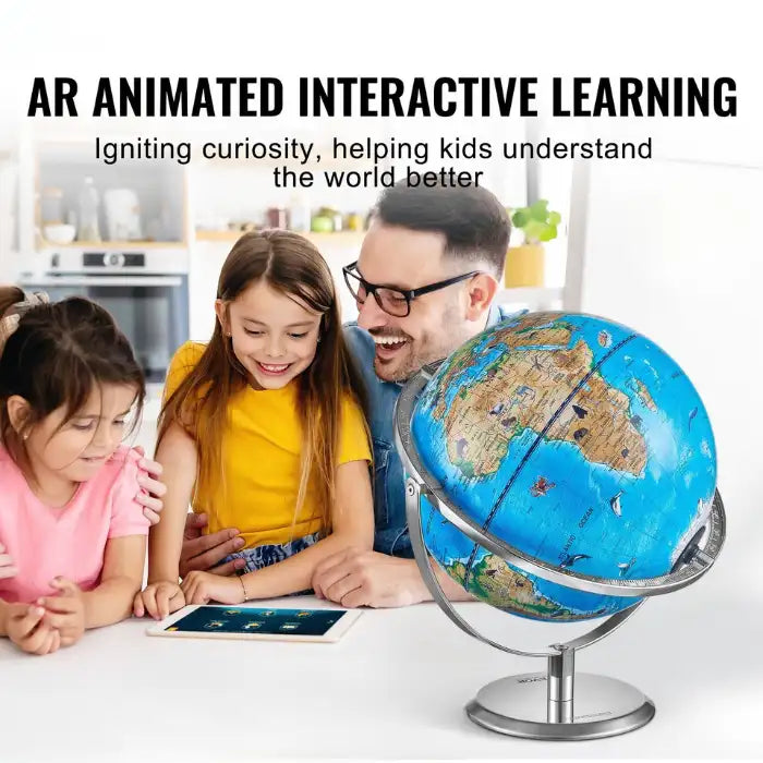 World Globe with AR app and family learning together in kitchen using digital tablet for education.