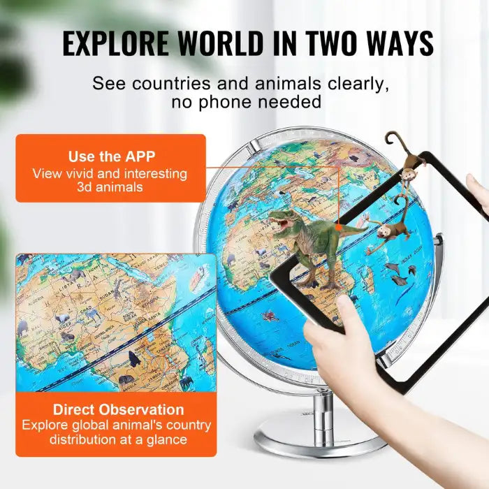World Globe with augmented reality app showing 3D animals for educational and visual learning experience.