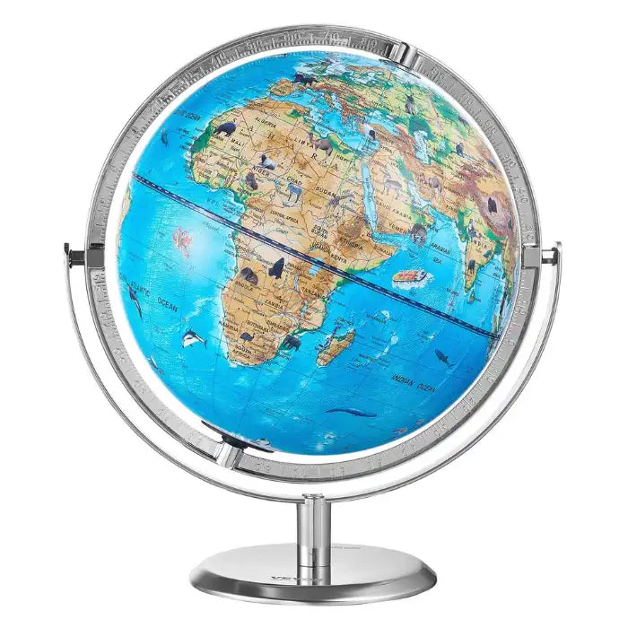 World Globe showing animal locations across continents with a clear educational display and modern base.