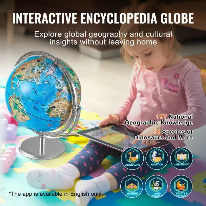 World Globe on playmat with child exploring educational content using interactive tablet indoors.