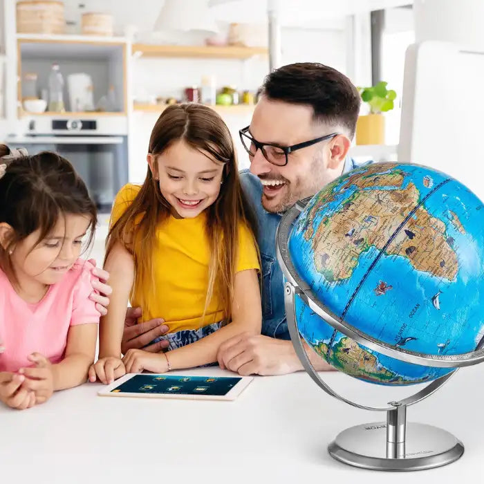 World Globe with kids using tablet for interactive geography learning at home with parent involvement.