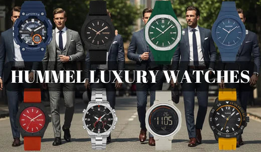 Hummel Luxury watches with men walking in suits behind them