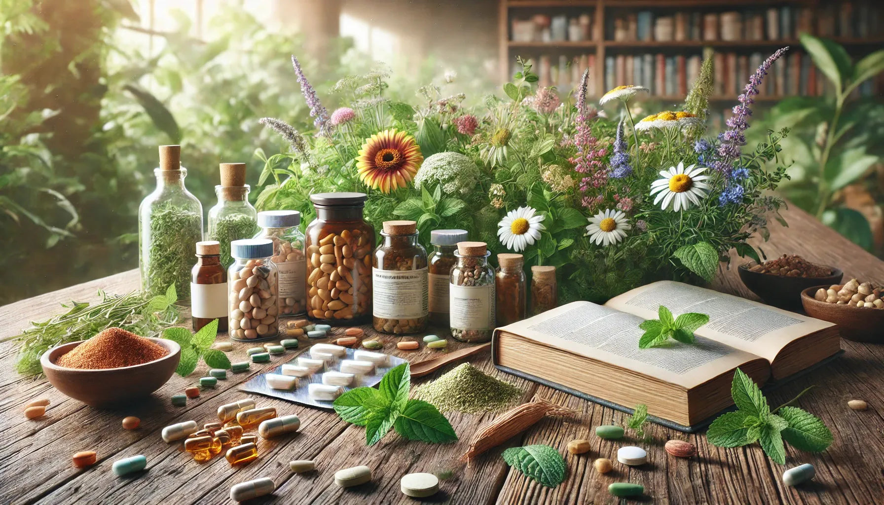 Natural healing herbs and supplement bottles arranged with open reference book and fresh flowers in morning light