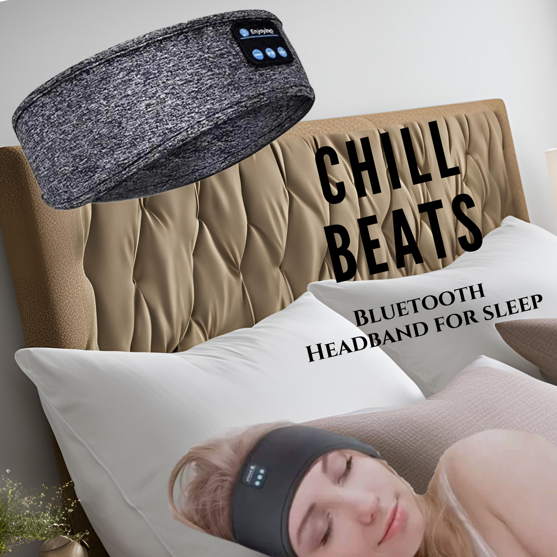 bluetooth headband for sleeping - chill beats showing woman sleeping in bed wearing chill beats